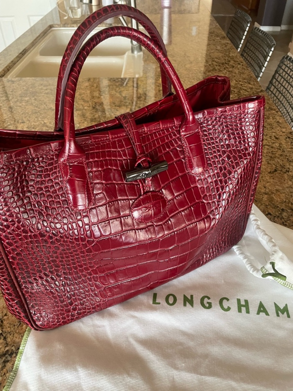 Longchamp Deep Red Croc-Embossed Leather Tote